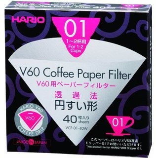 Бумажные фильтры белые V60 для пуровера 01 Hario, 40 шт
